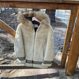 Vintage Cream Shearling fully lined Hooded Jacket with Fur Trim